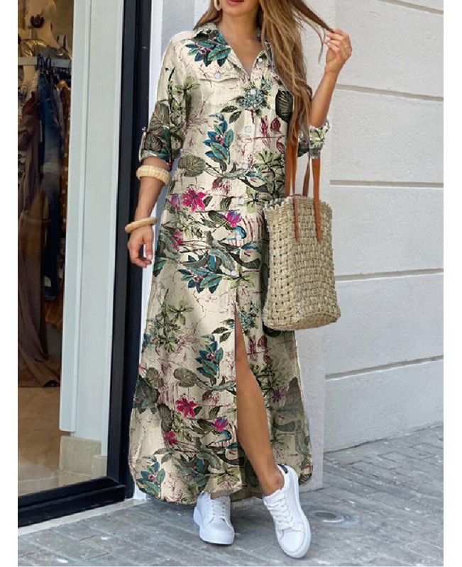 Women Cotton Flower Print Loose Casual Maxi Shirts Dress with Front Pockets - Yellow 4XL
