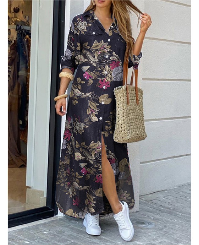 Women Cotton Flower Print Loose Casual Maxi Shirts Dress with Front Pockets - Yellow 4XL
