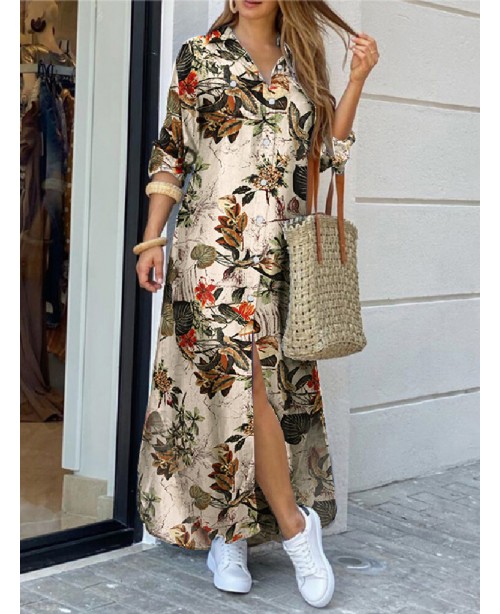 Women Cotton Flower Print Loose Casual Maxi Shirts...