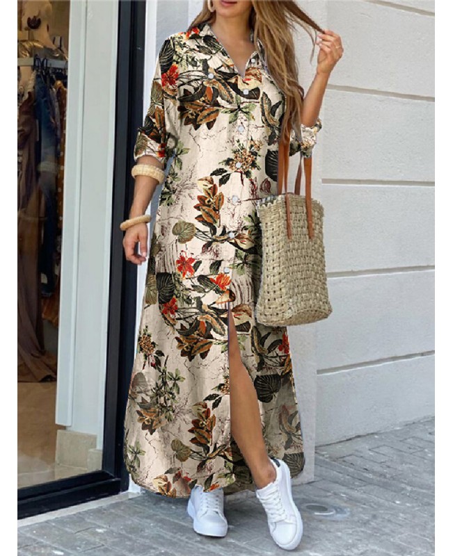 Women Cotton Flower Print Loose Casual Maxi Shirts Dress with Front Pockets - Yellow 4XL