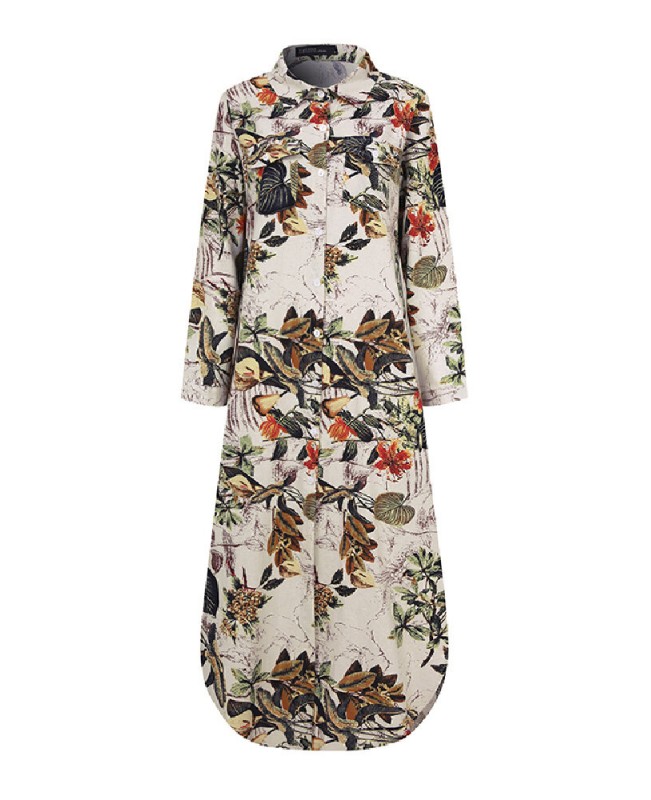 Women Cotton Flower Print Loose Casual Maxi Shirts Dress with Front Pockets - Yellow 4XL
