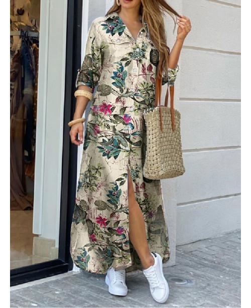 Women Cotton Flower Print Loose Casual Maxi Shirts...