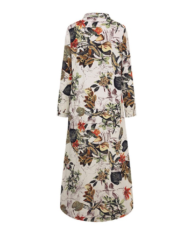 Women Cotton Flower Print Loose Casual Maxi Shirts Dress with Front Pockets - Yellow 4XL