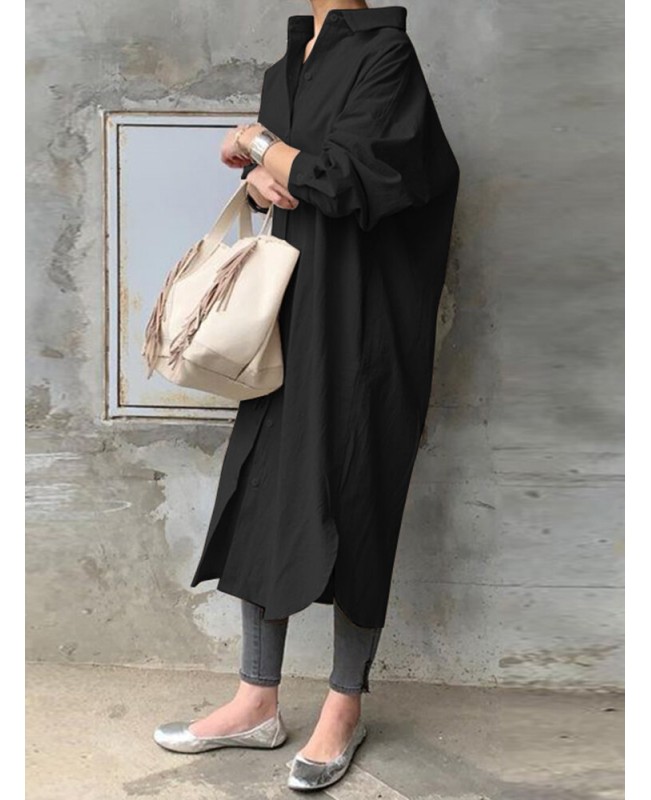 Women 100% Cotton Solid Color Curved Hem Split Lapel Loose Fit Shirt Dress - Black S