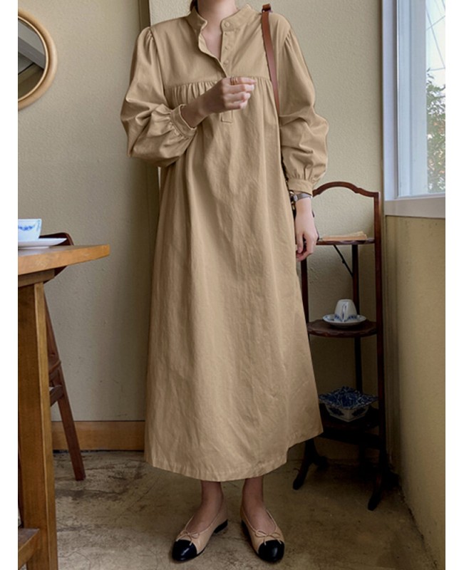 Solid Button Puff Long Sleeve Loose Casual Shirt Dress - Navy 3XL