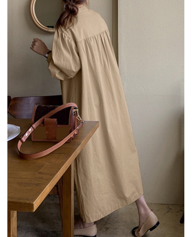 Solid Button Puff Long Sleeve Loose Casual Shirt Dress - Navy 3XL