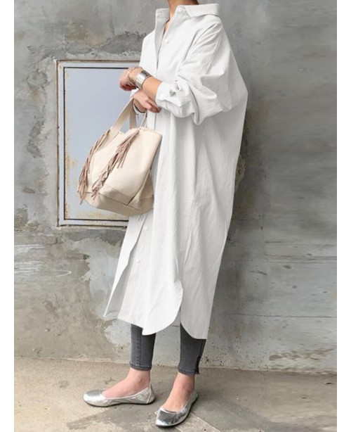 Women 100% Cotton Solid Color Curved Hem Split Lap...