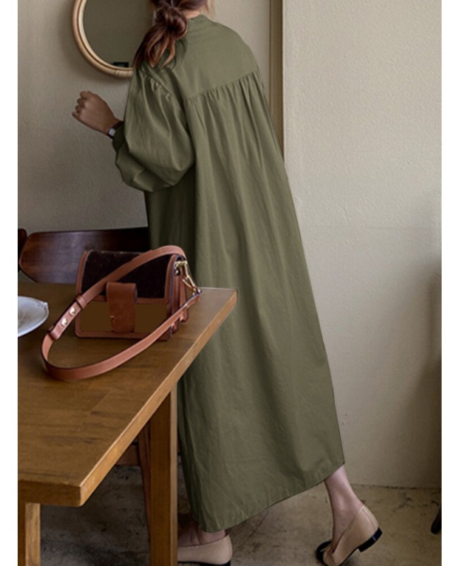 Solid Button Puff Long Sleeve Loose Casual Shirt Dress - Navy 3XL