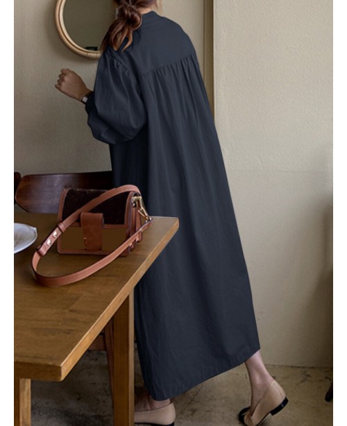 Solid Button Puff Long Sleeve Loose Casual Shirt D...