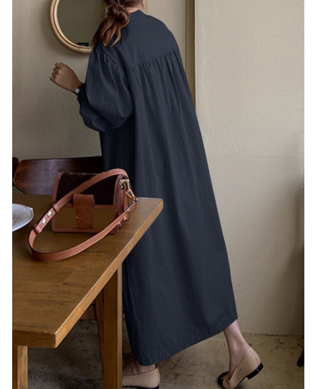 Solid Button Puff Long Sleeve Loose Casual Shirt Dress - Navy 3XL