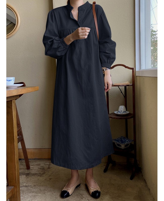 Solid Button Puff Long Sleeve Loose Casual Shirt Dress - Navy 3XL