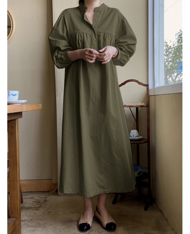 Solid Button Puff Long Sleeve Loose Casual Shirt Dress - Navy 3XL