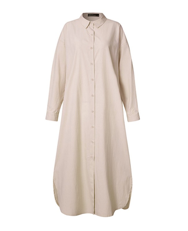 Women 100% Cotton Solid Color Curved Hem Split Lapel Loose Fit Shirt Dress - Black S