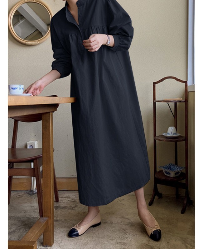 Solid Button Puff Long Sleeve Loose Casual Shirt Dress - Navy 3XL