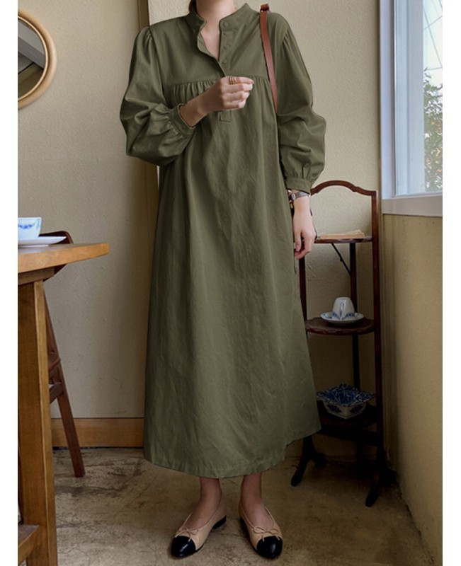Solid Button Puff Long Sleeve Loose Casual Shirt Dress - Navy 3XL