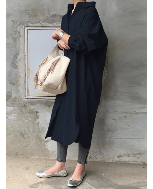 Women 100% Cotton Solid Color Curved Hem Split Lapel Loose Fit Shirt Dress - Black S