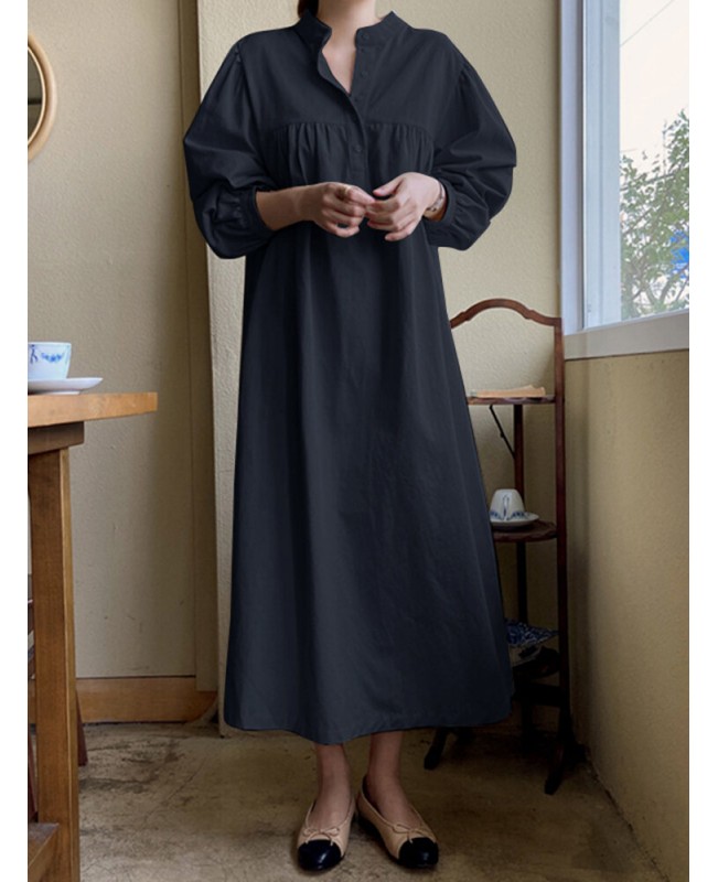 Solid Button Puff Long Sleeve Loose Casual Shirt Dress - Navy 3XL