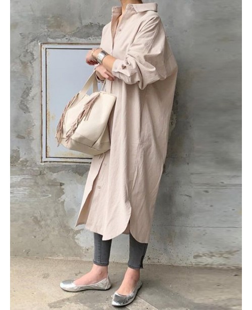 Women 100% Cotton Solid Color Curved Hem Split Lap...