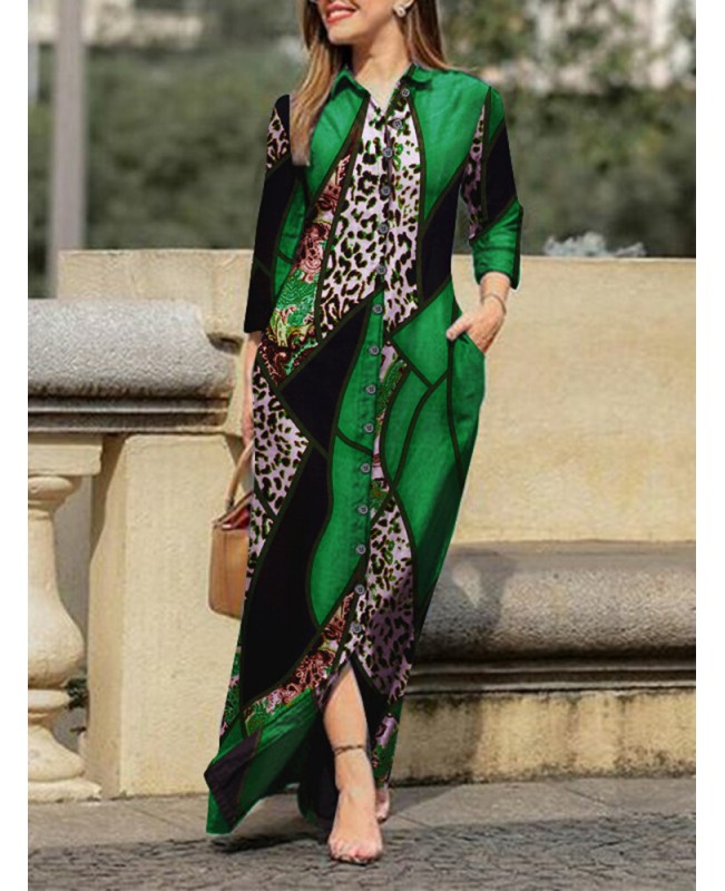 Leopard Contrast Color Long Sleeve Button Down Shirt Dress - Green S