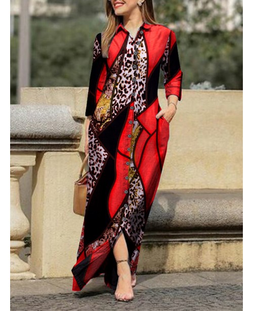 Leopard Contrast Color Long Sleeve Button Down Shi...