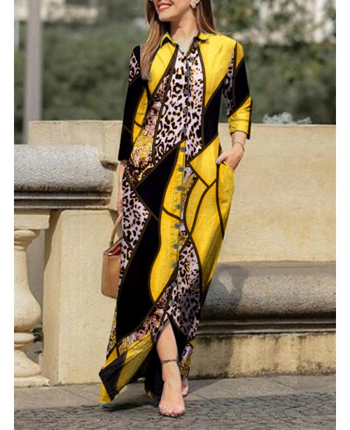Leopard Contrast Color Long Sleeve Button Down Shi...