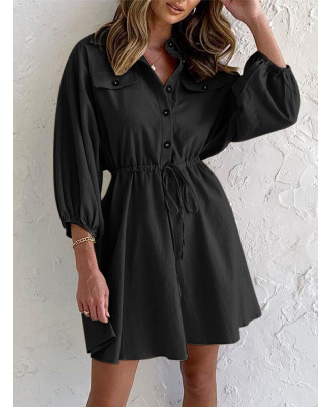 Solid Drawstring Button Lapel 3/4 Sleeve Shirt Dress - Black S