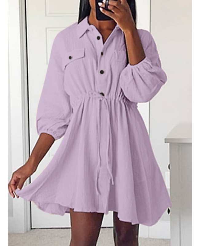 Solid Drawstring Button Lapel 3/4 Sleeve Shirt Dress - Black S