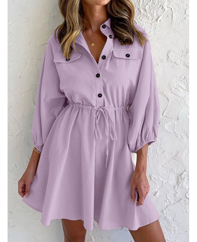 Solid Drawstring Button Lapel 3/4 Sleeve Shirt Dress - Black S