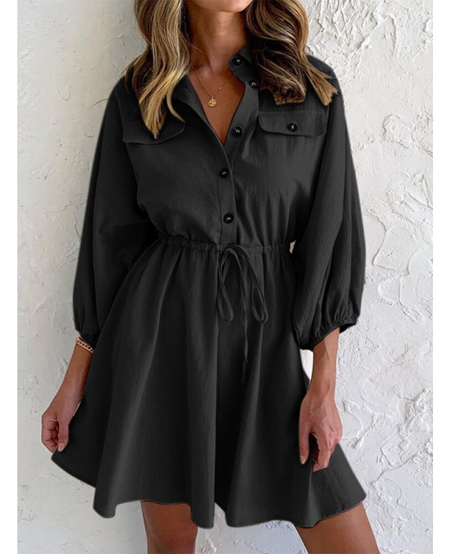 Solid Drawstring Button Lapel 3/4 Sleeve Shirt Dress - Black S