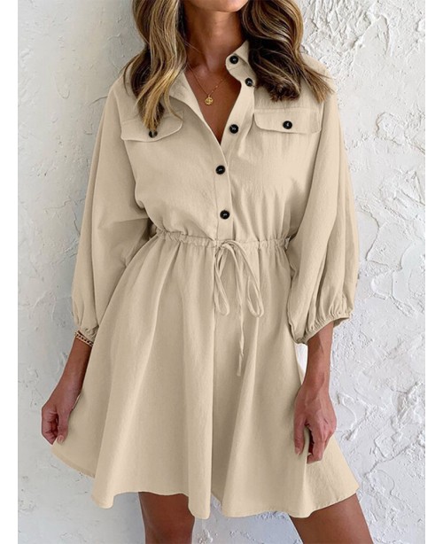 Solid Drawstring Button Lapel 3/4 Sleeve Shirt Dre...