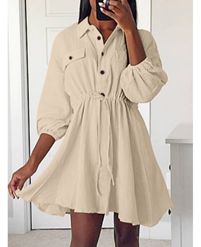 Solid Drawstring Button Lapel 3/4 Sleeve Shirt Dress - Black S