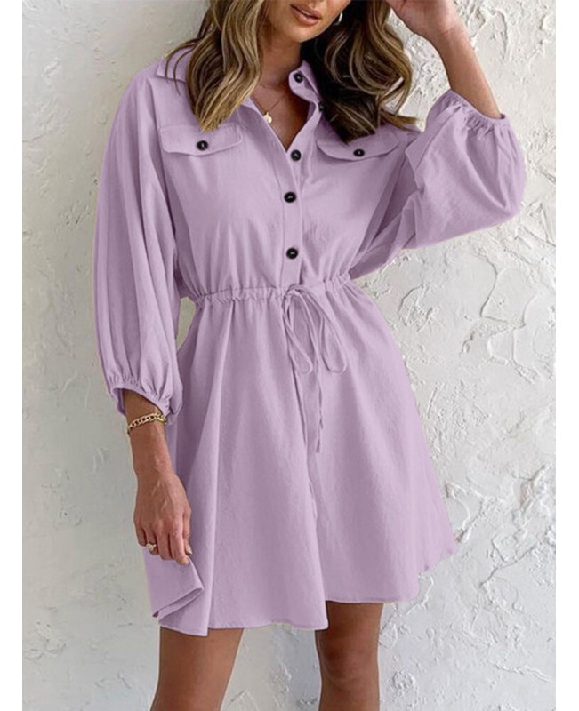 Solid Drawstring Button Lapel 3/4 Sleeve Shirt Dress - Black S