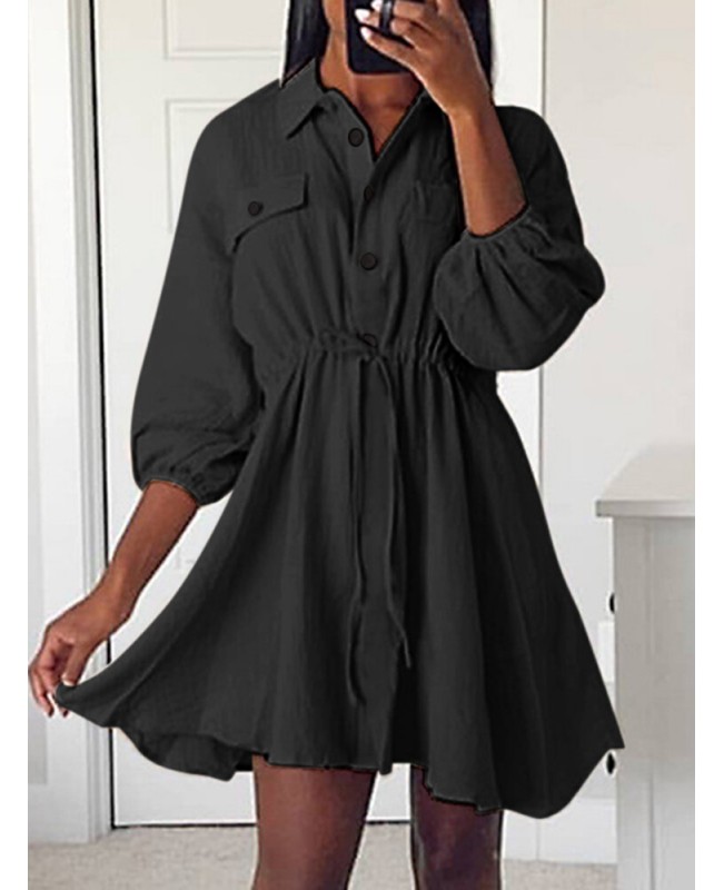 Solid Drawstring Button Lapel 3/4 Sleeve Shirt Dress - Black S