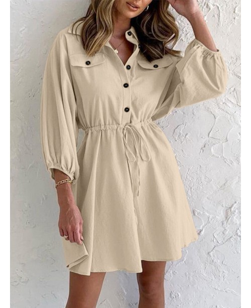 Solid Drawstring Button Lapel 3/4 Sleeve Shirt Dre...