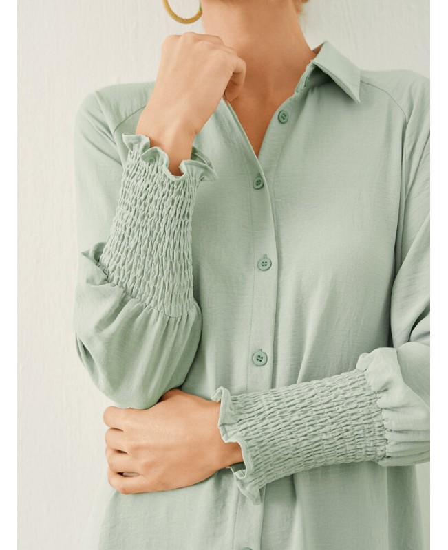Solid Shirred Long Sleeve Button Lapel Shirt Dress - Green S
