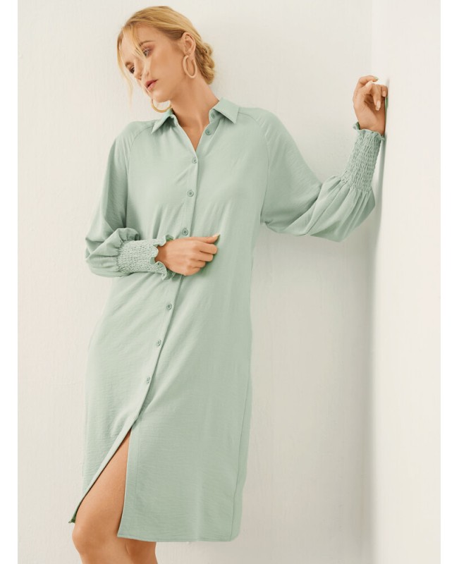 Solid Shirred Long Sleeve Button Lapel Shirt Dress - Green S