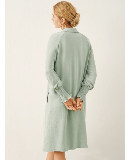 Solid Shirred Long Sleeve Button Lapel Shirt Dress...