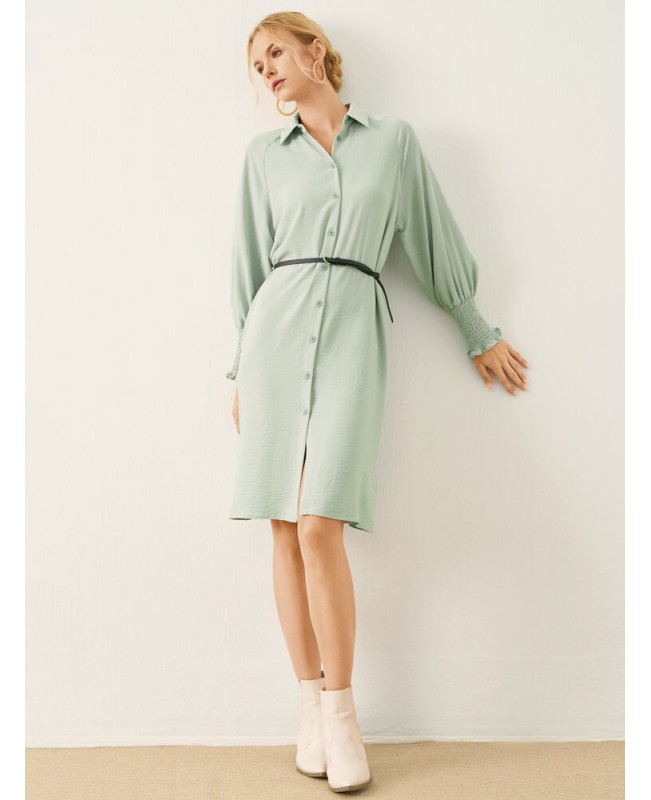 Solid Shirred Long Sleeve Button Lapel Shirt Dress - Green S