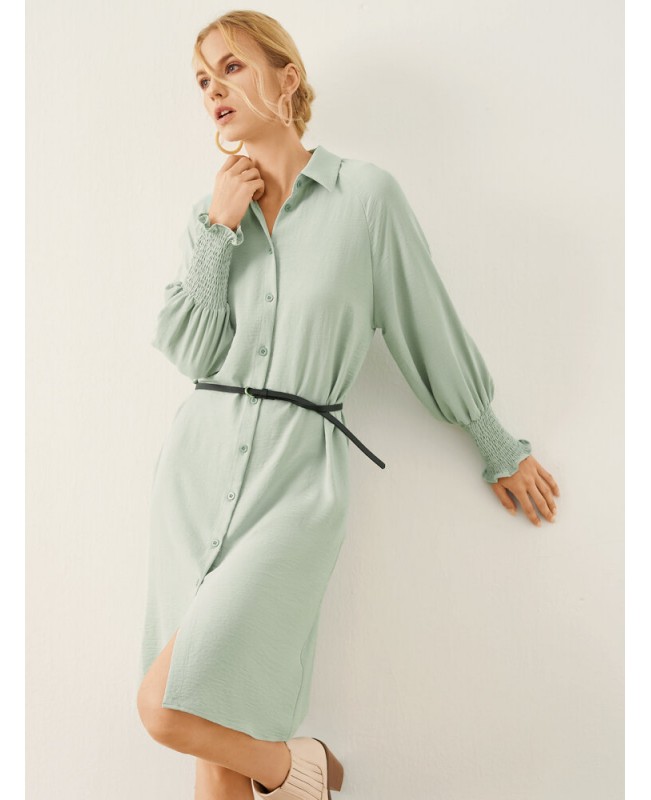 Solid Shirred Long Sleeve Button Lapel Shirt Dress - Green S