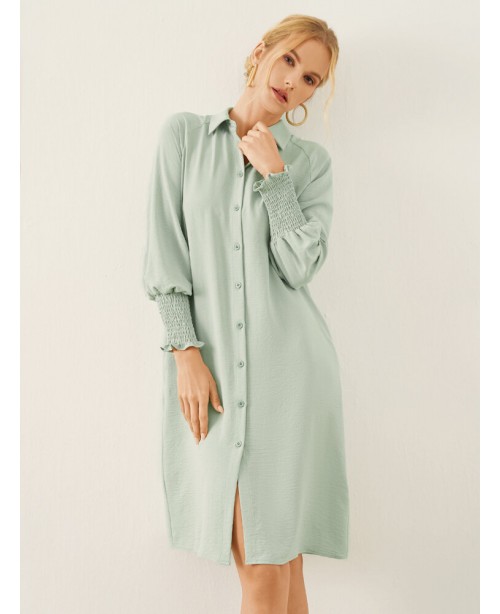 Solid Shirred Long Sleeve Button Lapel Shirt Dress...