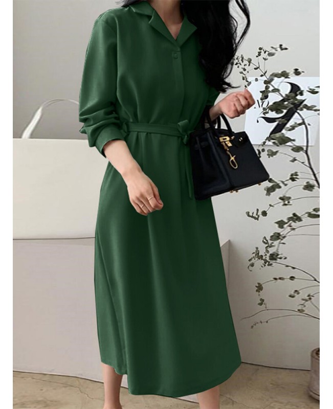 Solid Belt Button Lapel Long Sleeve Casual Shirt Dress - Black 2XL