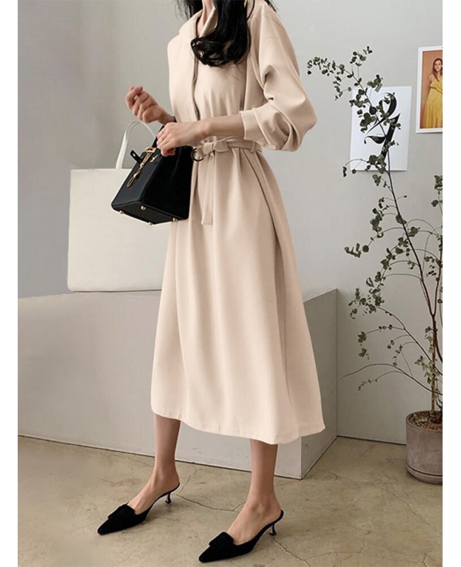 Solid Belt Button Lapel Long Sleeve Casual Shirt Dress - Black 2XL