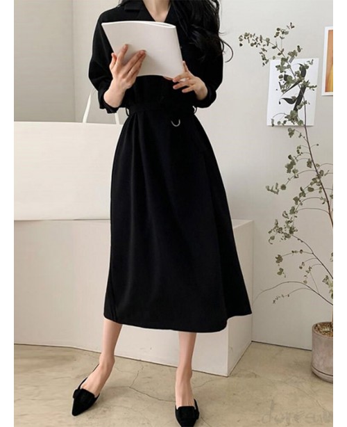 Solid Belt Button Lapel Long Sleeve Casual Shirt D...