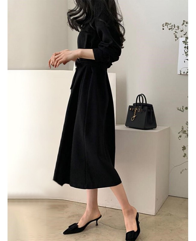 Solid Belt Button Lapel Long Sleeve Casual Shirt Dress - Black 2XL