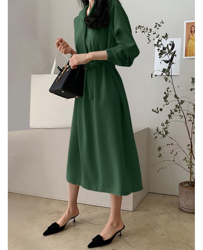 Solid Belt Button Lapel Long Sleeve Casual Shirt Dress - Black 2XL