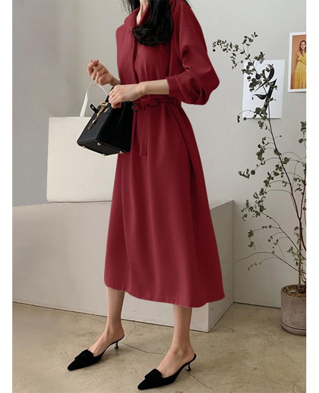 Solid Belt Button Lapel Long Sleeve Casual Shirt Dress - Black 2XL