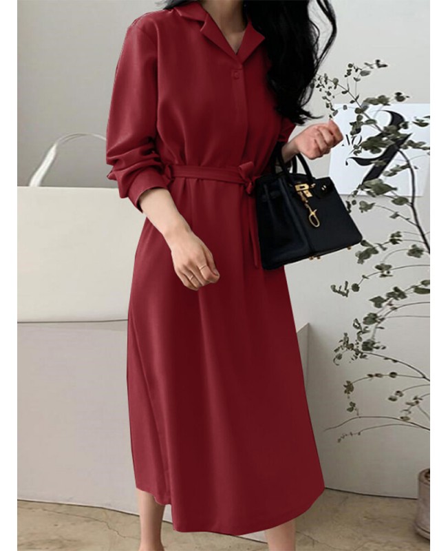 Solid Belt Button Lapel Long Sleeve Casual Shirt Dress - Black 2XL