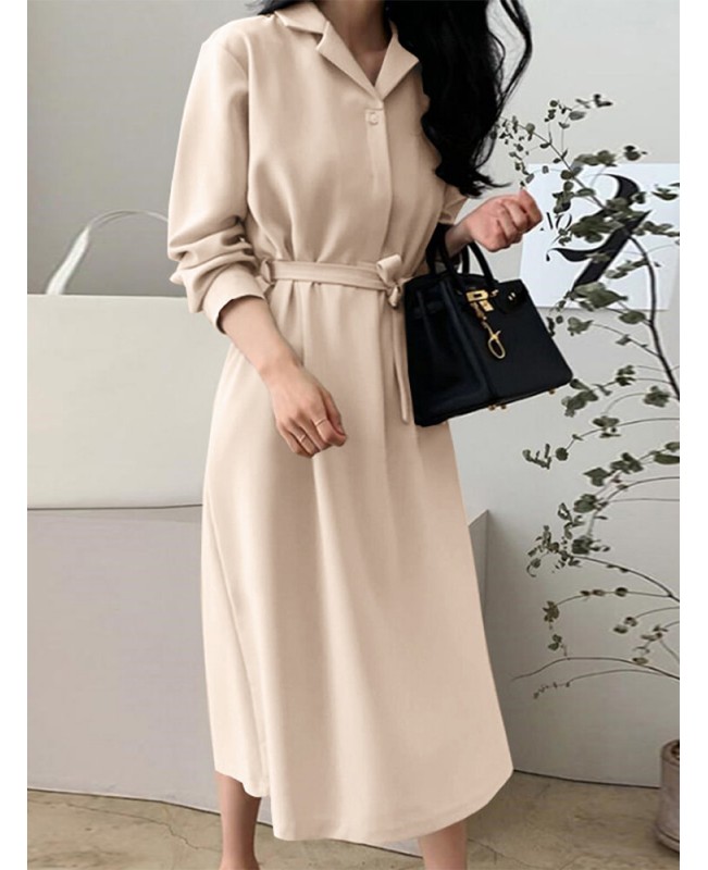 Solid Belt Button Lapel Long Sleeve Casual Shirt Dress - Black 2XL