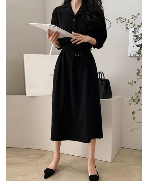 Solid Belt Button Lapel Long Sleeve Casual Shirt D...