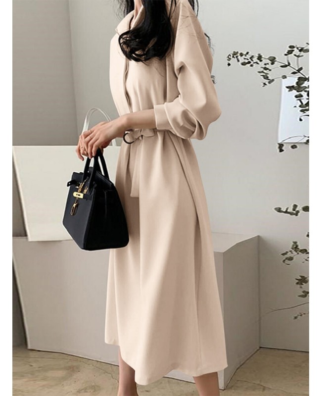 Solid Belt Button Lapel Long Sleeve Casual Shirt Dress - Black 2XL